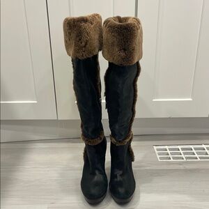 Tory Burch Sebastian Leather and Shearling Tall Heeled Boots Size 8 1/2